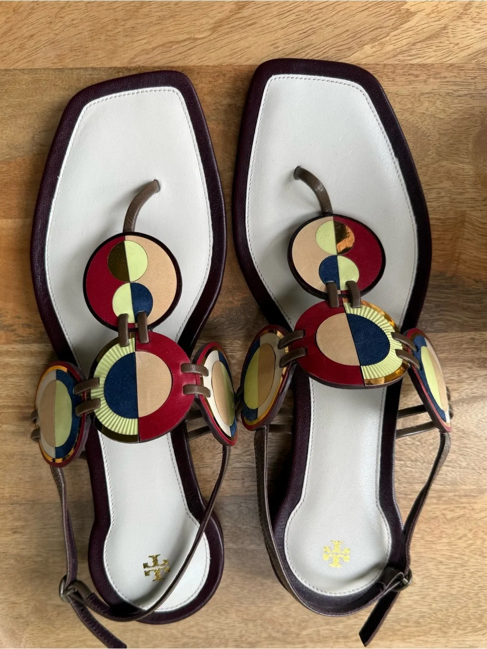 *New Tory Burch Marquetry Flat Disk Multi-color  leather sandal sz 8.5